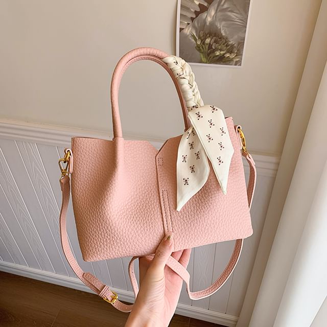 Top Handle Plain Faux Leather Crossbody Bag + Scarf