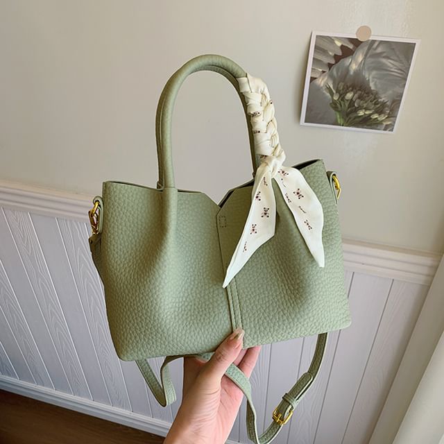 Top Handle Plain Faux Leather Crossbody Bag + Scarf