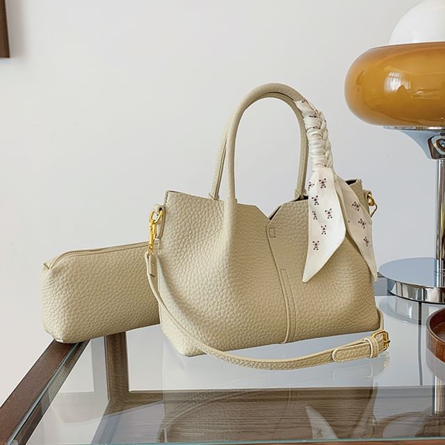 Top Handle Plain Faux Leather Crossbody Bag + Scarf