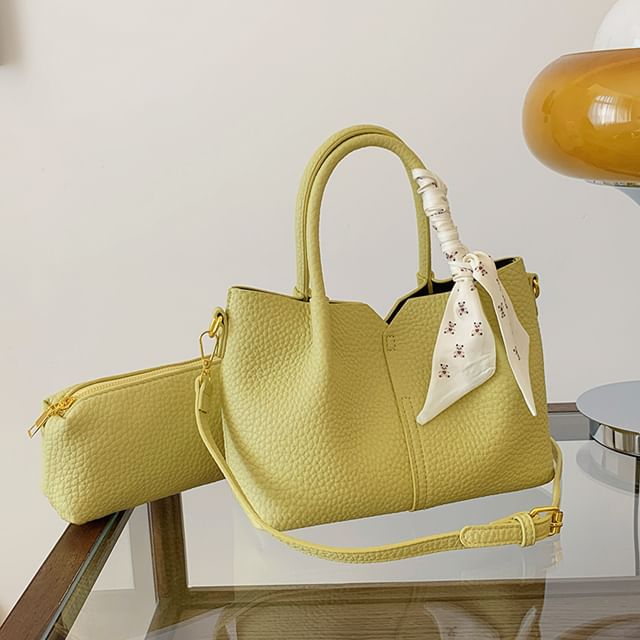Top Handle Plain Faux Leather Crossbody Bag + Scarf