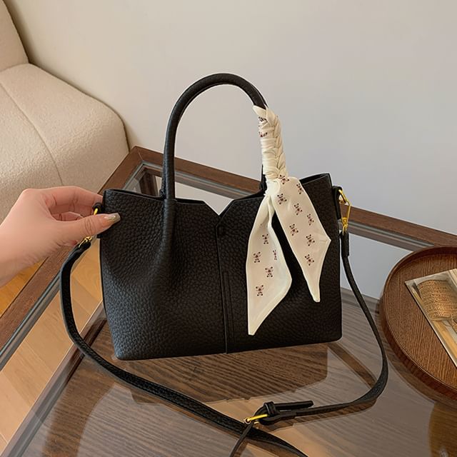 Top Handle Plain Faux Leather Crossbody Bag + Scarf