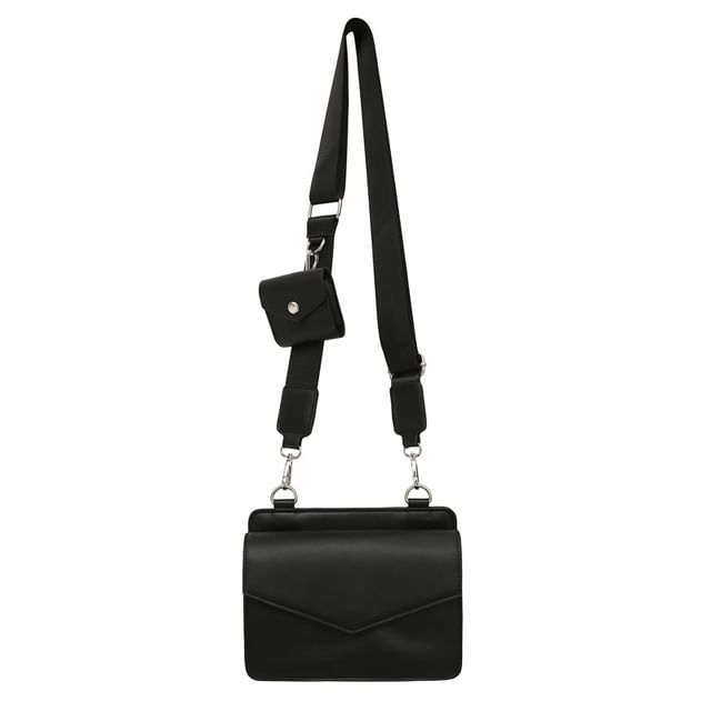 Faux Leather Plain Flap Crossbody Bag + Coin Purse