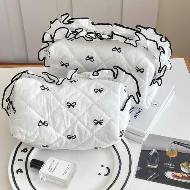 Ruffle Trim Fabric Makeup Bag / Pencil Case