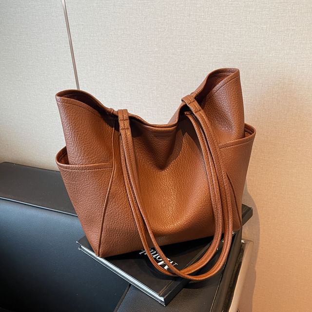 Plain Faux Leather Tote Bag + Pouch