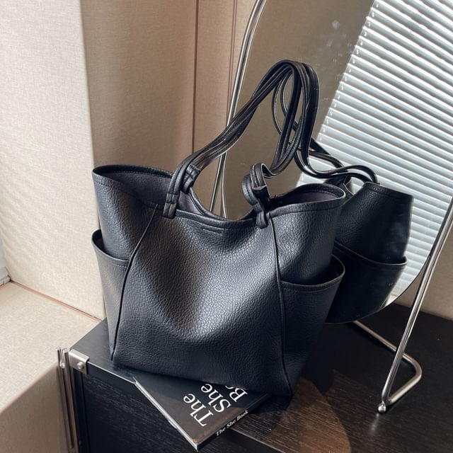 Plain Faux Leather Tote Bag + Pouch