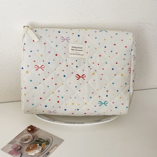 Bow Dotted Fabric Makeup Bag / Clutch