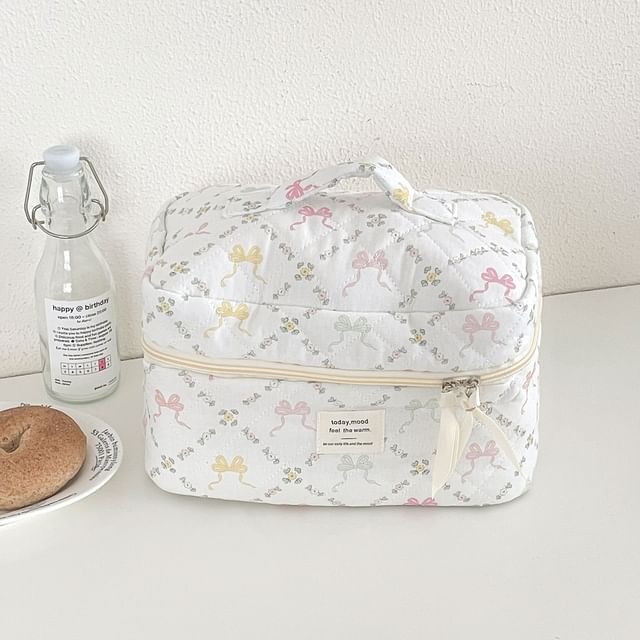 Lettering Applique Bow Fabric Makeup Bag / Clutch