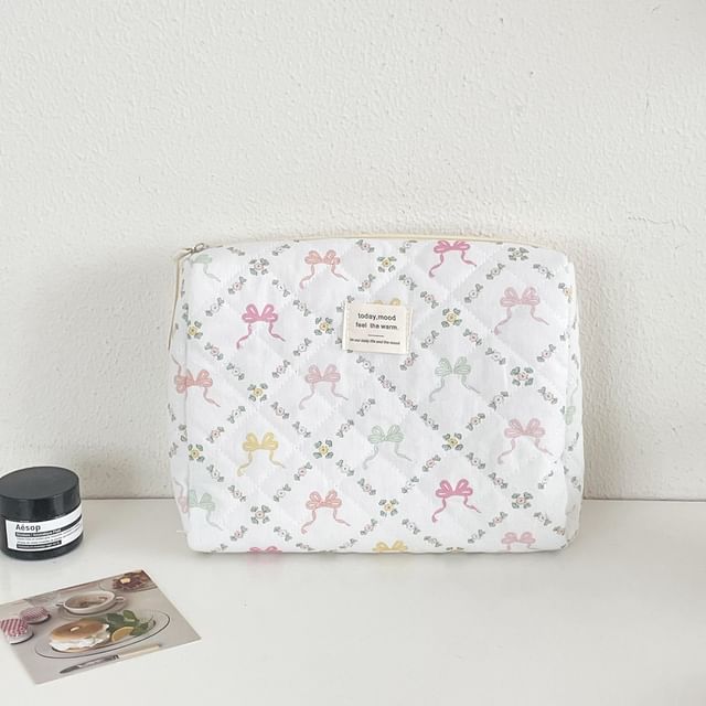 Lettering Applique Bow Fabric Makeup Bag / Clutch