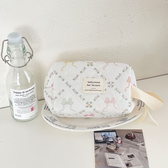 Lettering Applique Bow Fabric Makeup Bag / Clutch