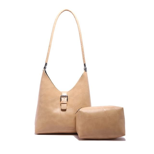 Faux Leather Buckled Tote Bag + Pouch