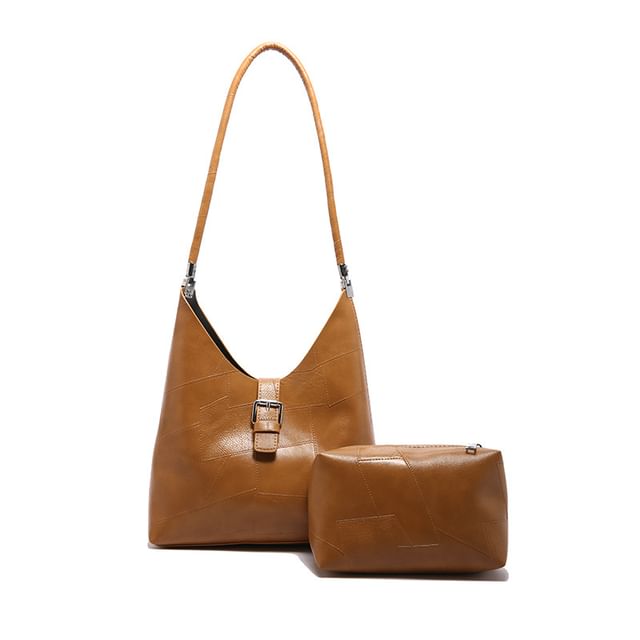 Faux Leather Buckled Tote Bag + Pouch