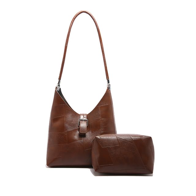 Faux Leather Buckled Tote Bag + Pouch