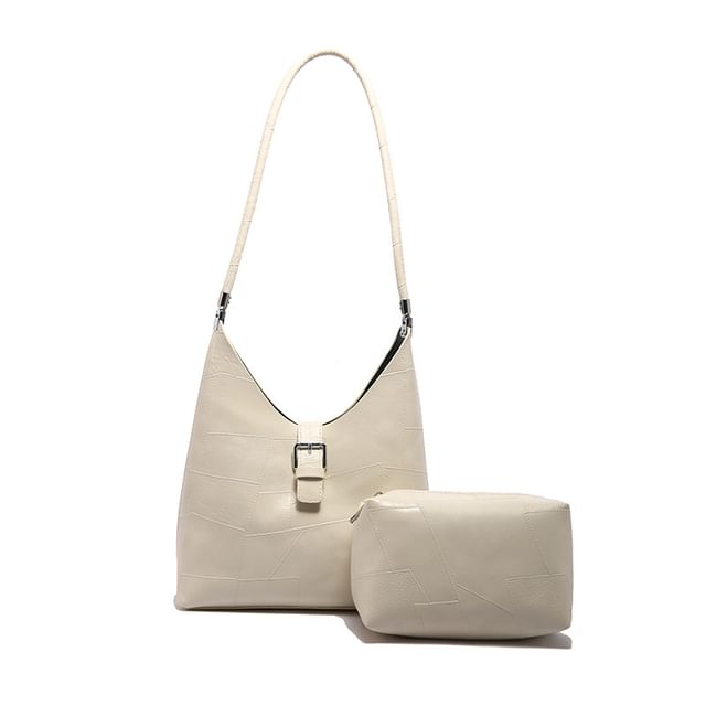 Faux Leather Buckled Tote Bag + Pouch