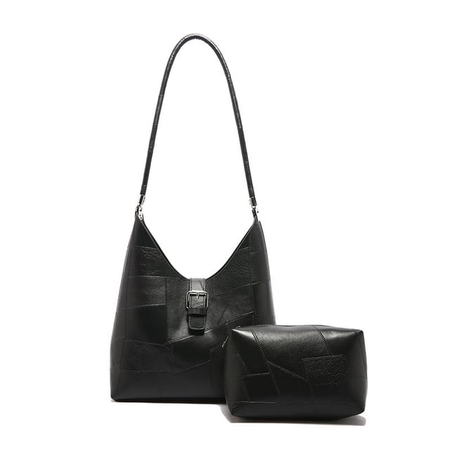 Faux Leather Buckled Tote Bag + Pouch