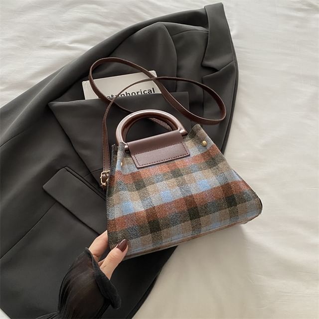 Plaid Shoulder Bag + Plain Faux Leather Pouch
