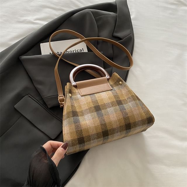 Plaid Shoulder Bag + Plain Faux Leather Pouch