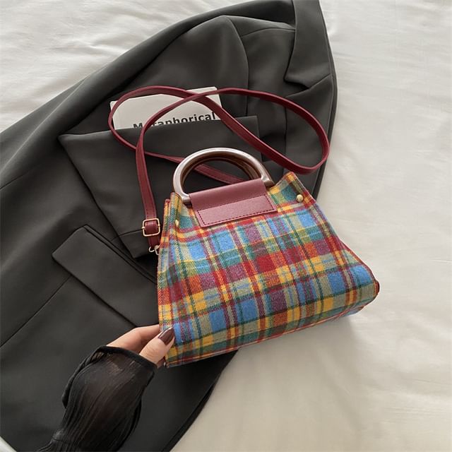 Plaid Shoulder Bag + Plain Faux Leather Pouch