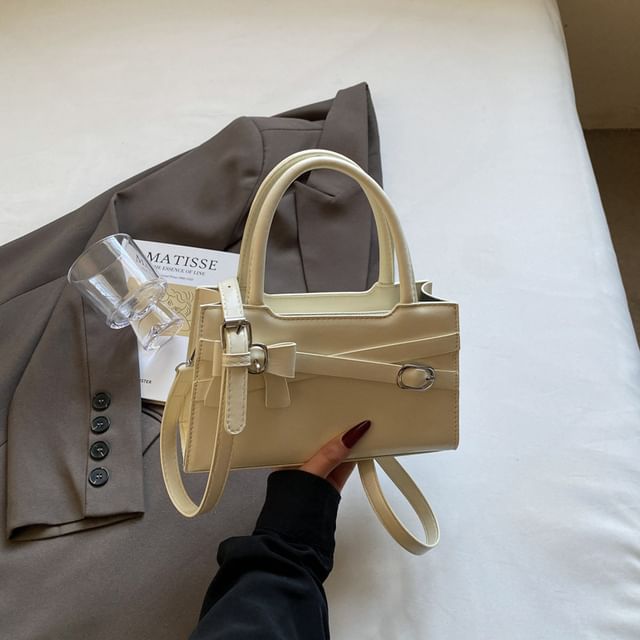 Faux Leather Crossbody Handle Buckled Bow Top Bag