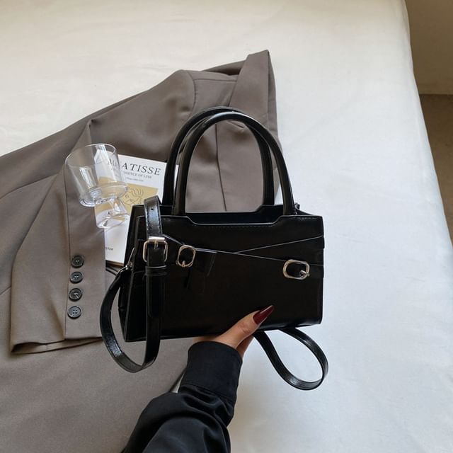 Faux Leather Crossbody Handle Buckled Bow Top Bag
