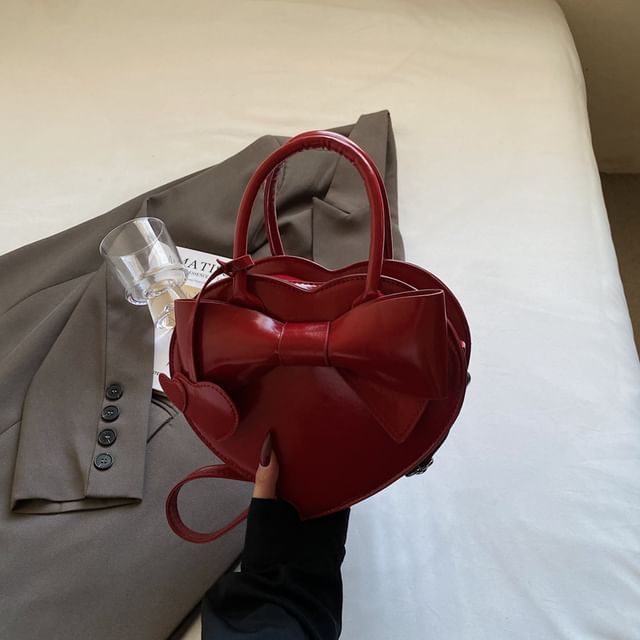 Bow Bag Faux Handle Top Heart Crossbody Leather