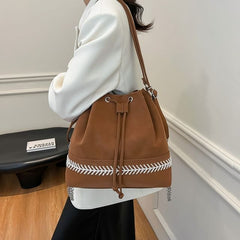 Bucket Drawstring Faux Tone Bag Leather Two