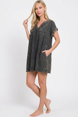 Washed Double Gauze Raw Edge V-neck Dress