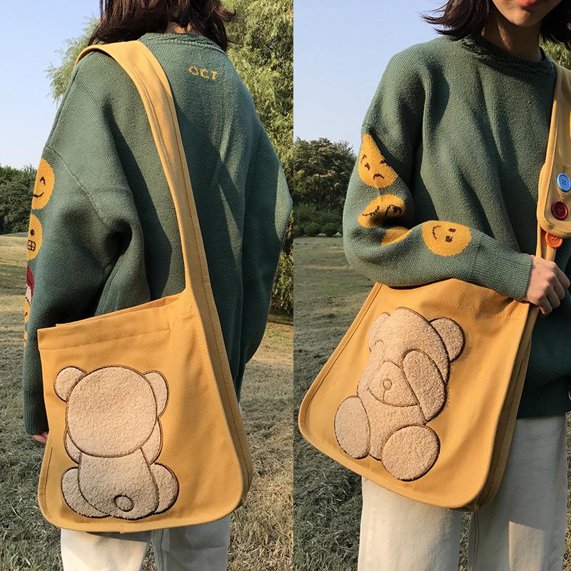 Double-Sided Embroidered Bear Shoulder Bag