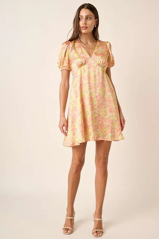 Printed V-Neck Puff Sleeve Mini Dress