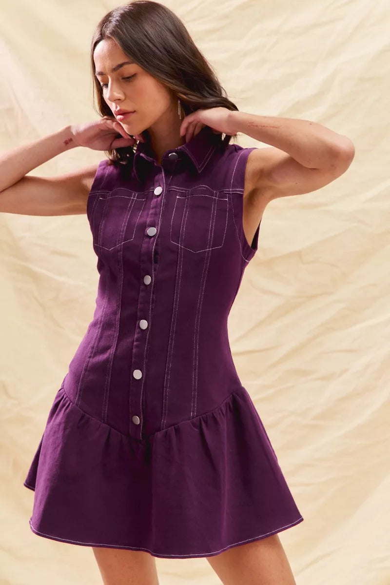 Button Down Sleeveless Collared Mini Dress