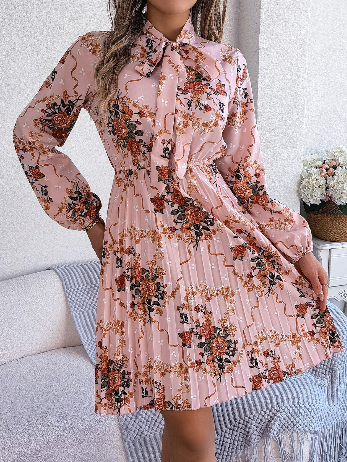 Pleated Printed-Tie Neck Long Sleeve Dress