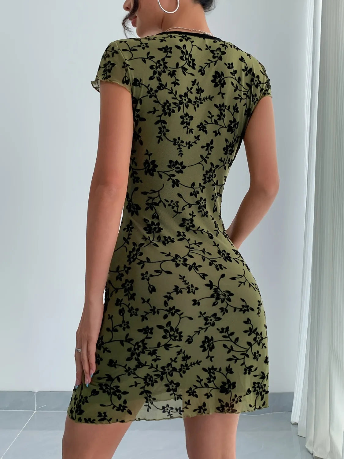 Printed V-Neck Short Sleeve Mini Dress
