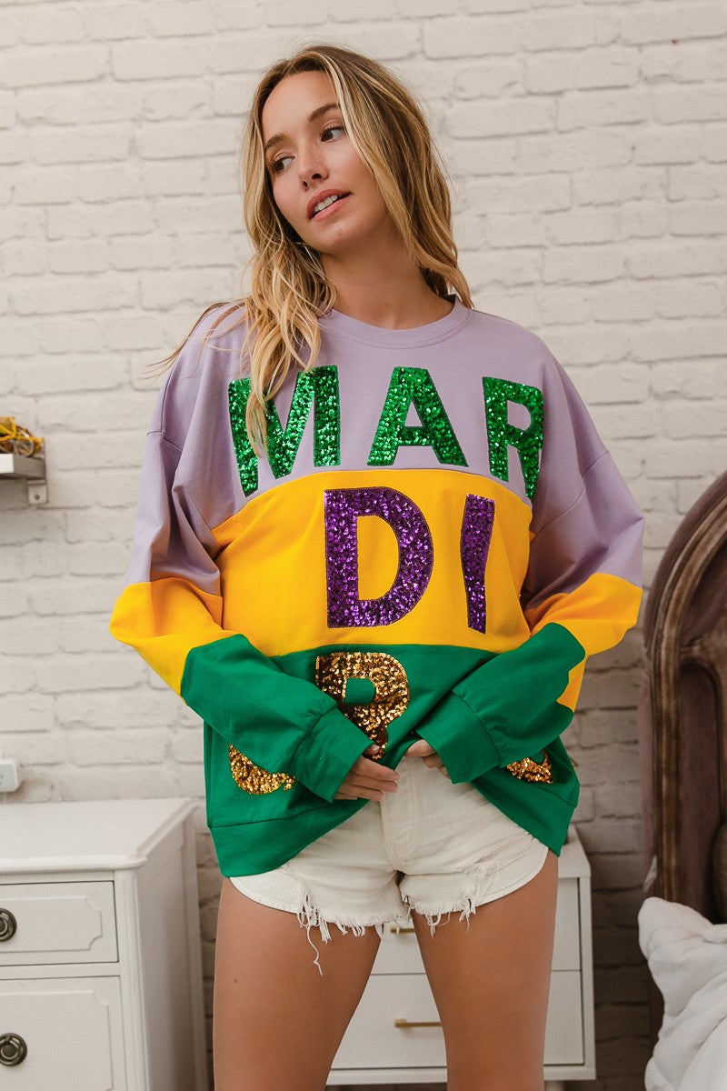 BiBi Sequin Mardi Gras Lettering Color Block Sweatshirt