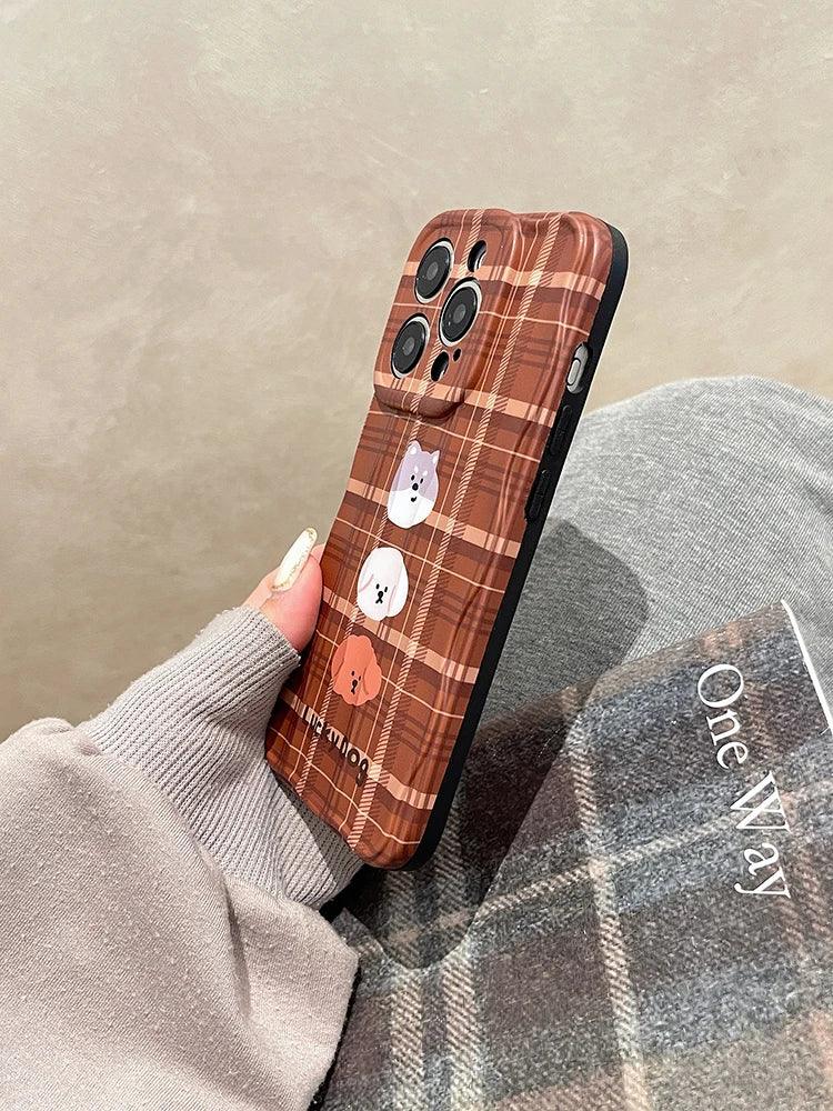 ACPC227 Cute Phone Case For iPhone 15, 14, 13, 12, and 11 Pro Max - Lucky Dog - Brown Plaid Cover