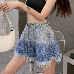 Blue Gradient Fringe Denim Shorts