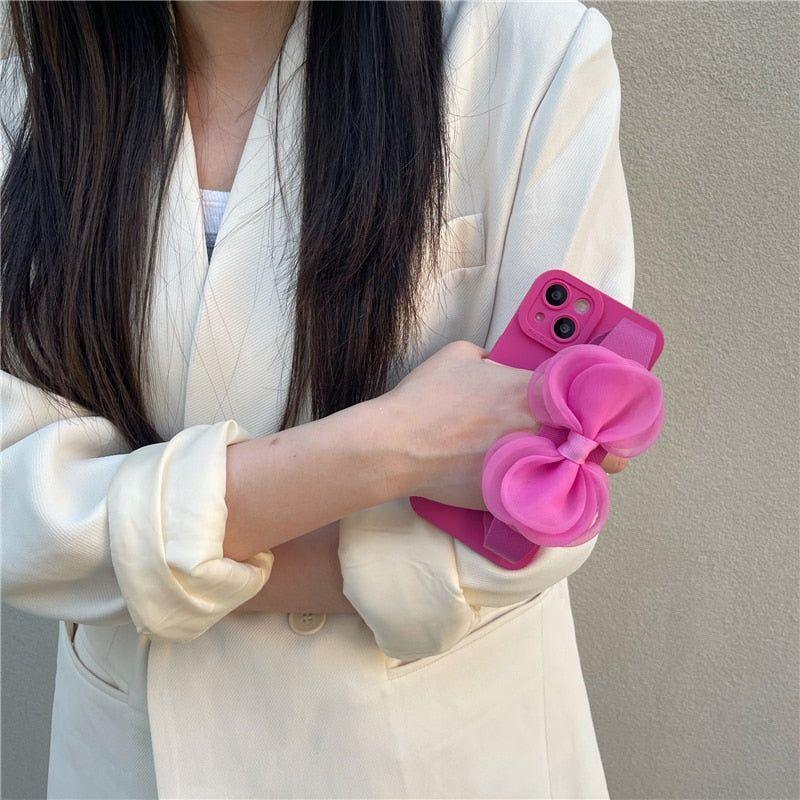 Adorable Bowknot Wrist Strap Holder Phone Cases for iPhone 13, 12, 14, 14 Pro, 11 Pro Max, X, XR, XS