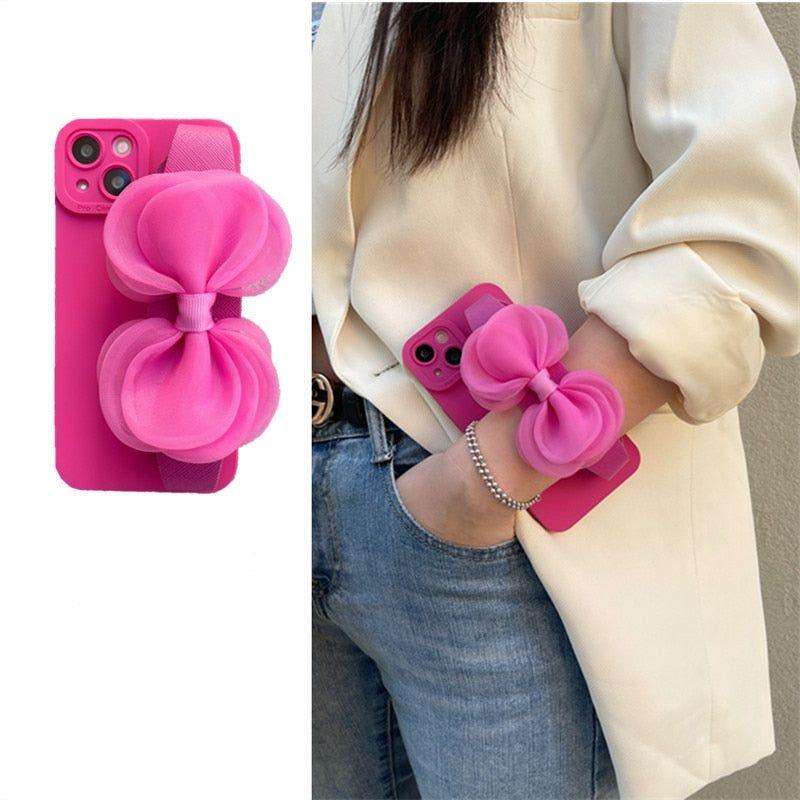 Adorable Bowknot Wrist Strap Holder Phone Cases for iPhone 13, 12, 14, 14 Pro, 11 Pro Max, X, XR, XS