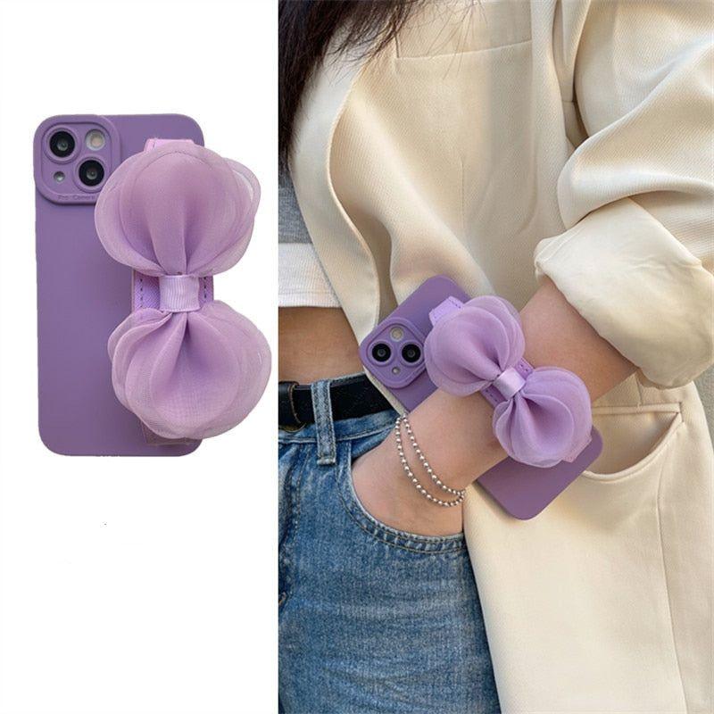 Adorable Bowknot Wrist Strap Holder Phone Cases for iPhone 13, 12, 14, 14 Pro, 11 Pro Max, X, XR, XS