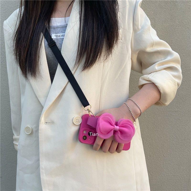 Adorable Bowknot Wrist Strap Holder Phone Cases for iPhone 13, 12, 14, 14 Pro, 11 Pro Max, X, XR, XS