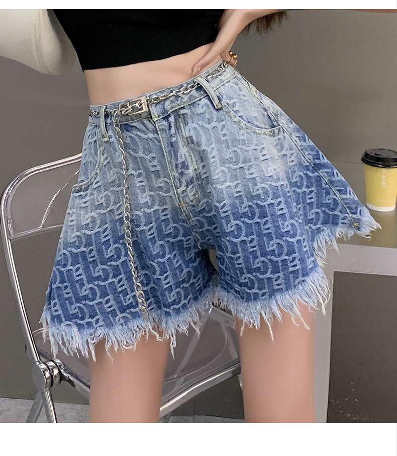 Blue Gradient Fringe Denim Shorts