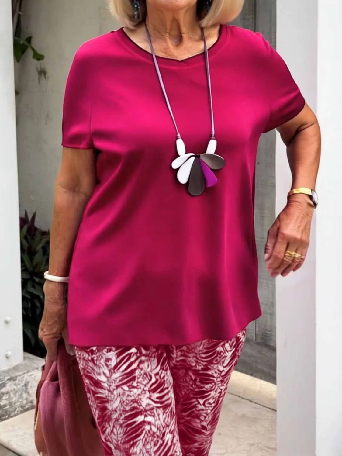 Full Size Round Neck Short Sleeve Top and Pants Set Plus Size