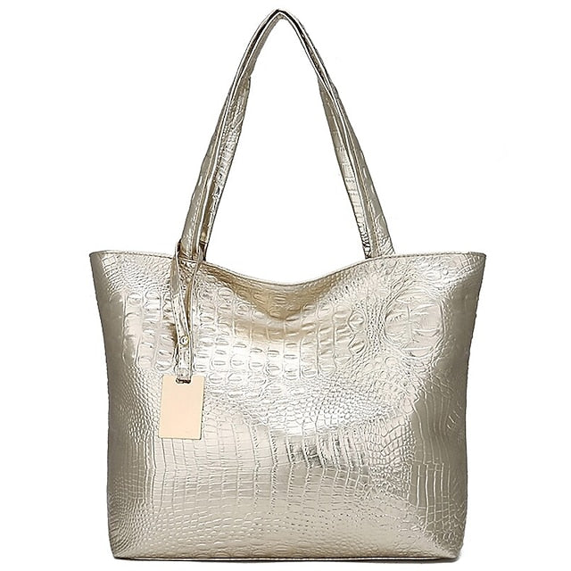 Embossed  Faux Tote | Croc Bag Silver Capacity Large