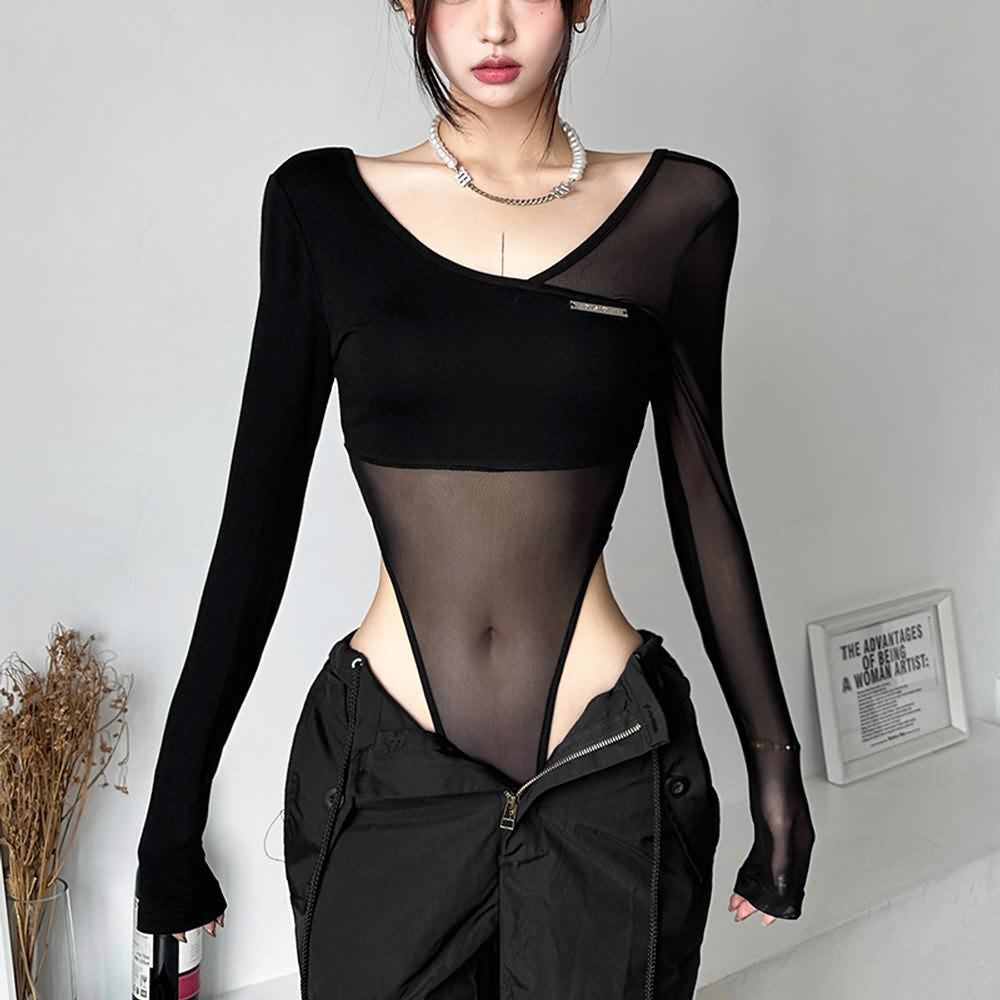 Asymmetrical Sheer Mesh Long Sleeve High Cut Bodysuit