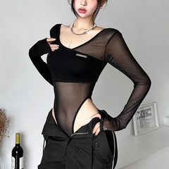 Asymmetrical Sheer Mesh Long Sleeve High Cut Bodysuit