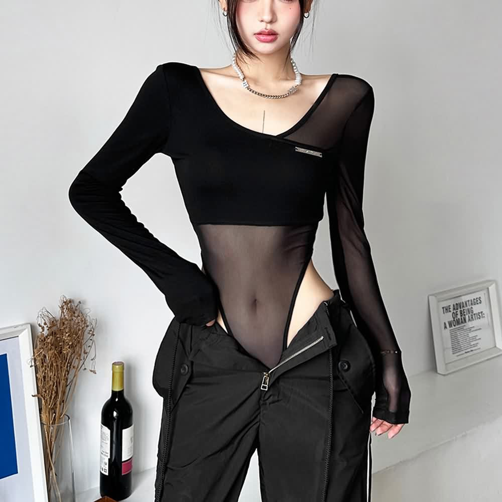 Asymmetrical Sheer Mesh Long Sleeve High Cut Bodysuit