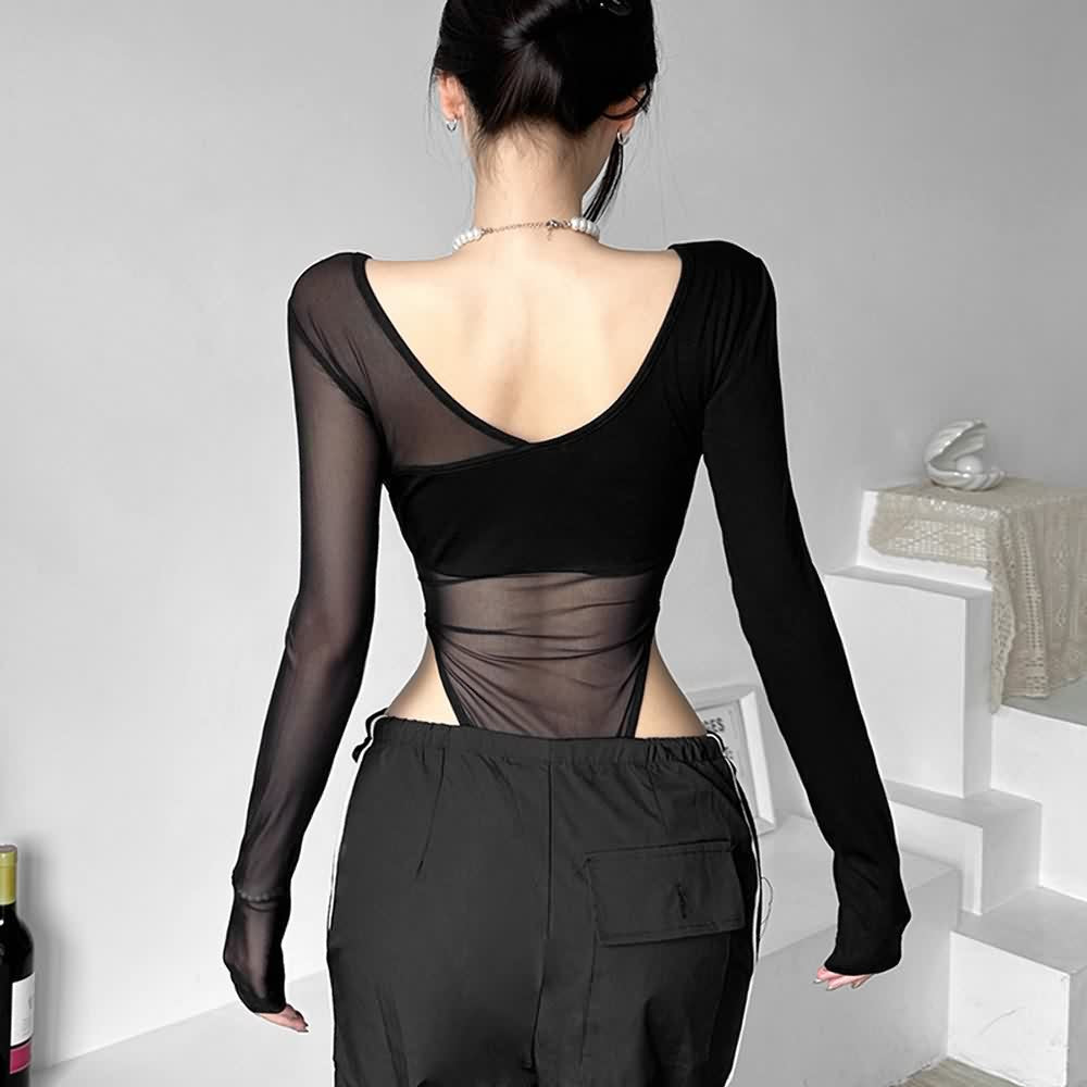 Asymmetrical Sheer Mesh Long Sleeve High Cut Bodysuit