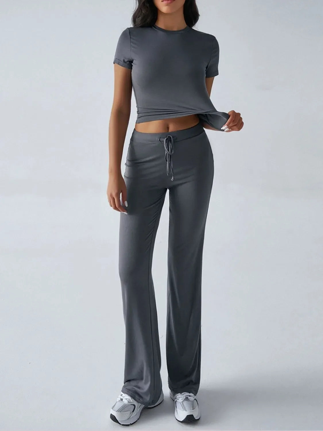 Round Neck Short Sleeve Top and Pants Set