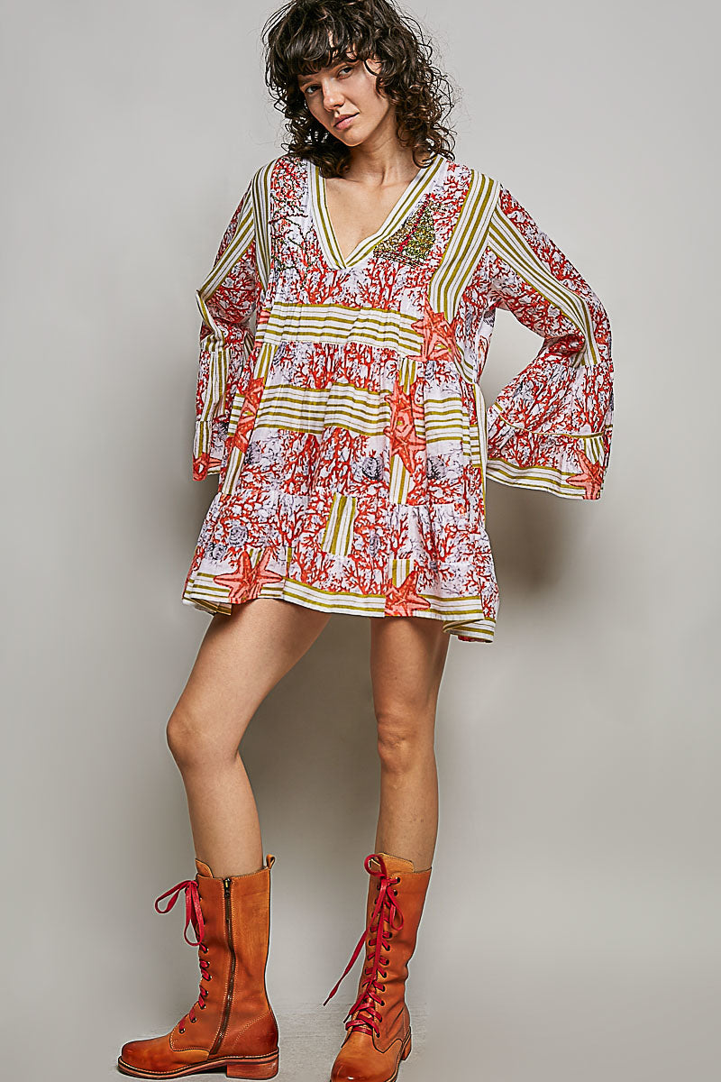 Striped Floral Long Sleeve Mini Dress with Pintuck Detail