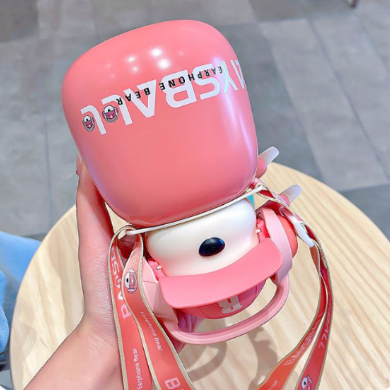 Kawaii Cartoon Headphone Bear Insulated Straw Bottle