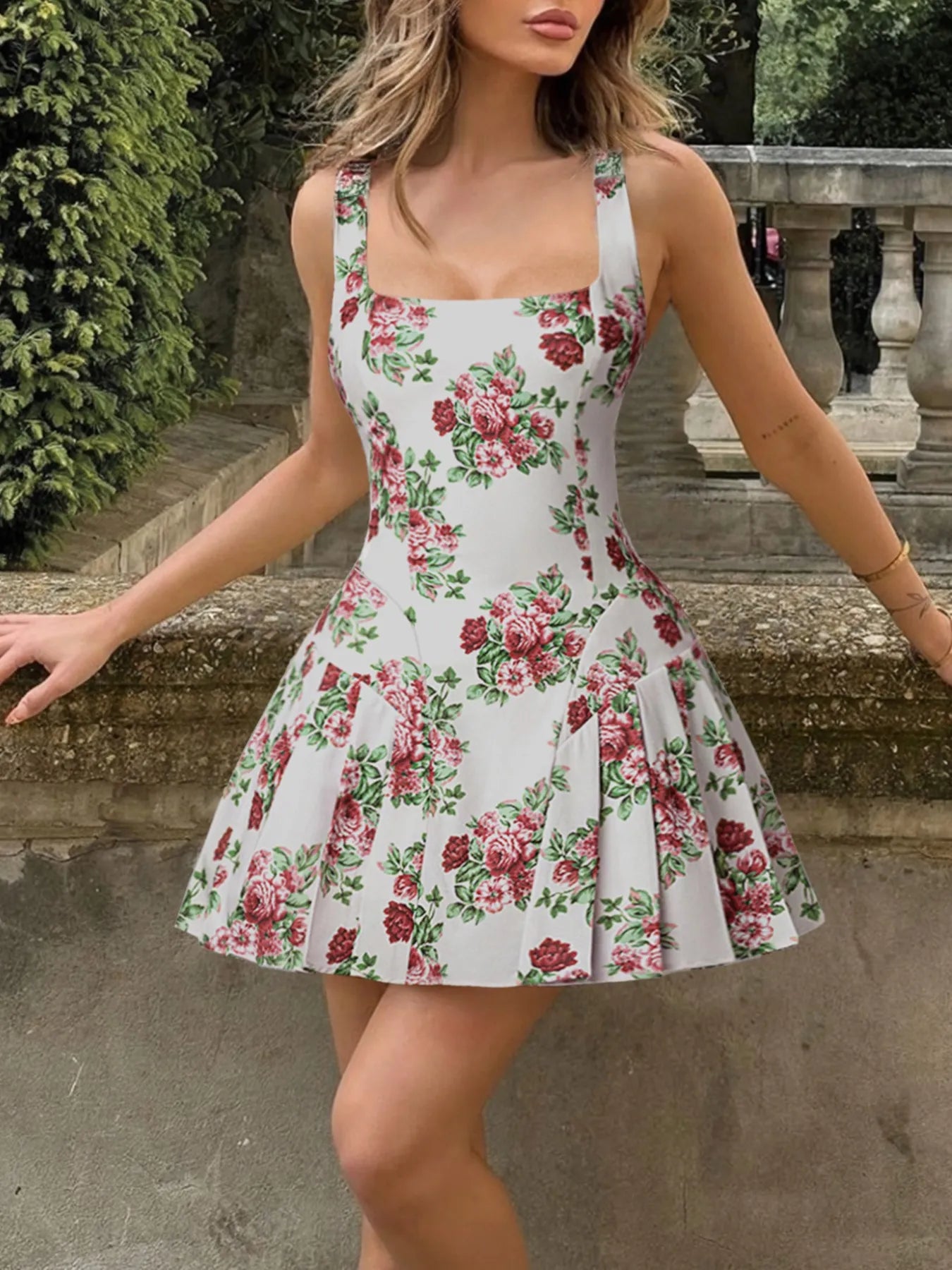 Floral Square Neck Mini Dress