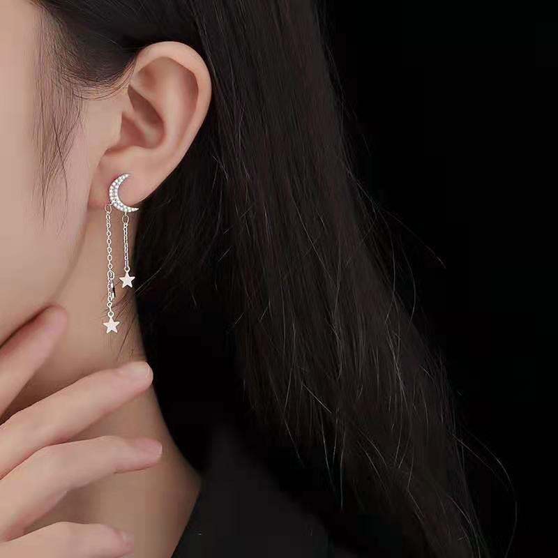 Asymmetric Star Moon Tassel Earrings